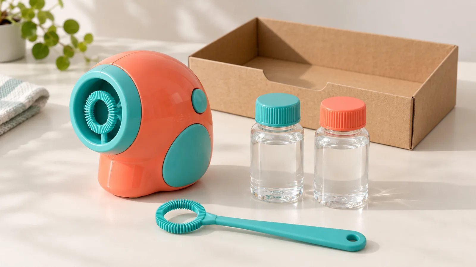 Bubble toy, hiwalay na wand at nakatakip na mga bote ng solusyon na inayos upang ilarawan ang mga ruta ng bahagi at pagpuno