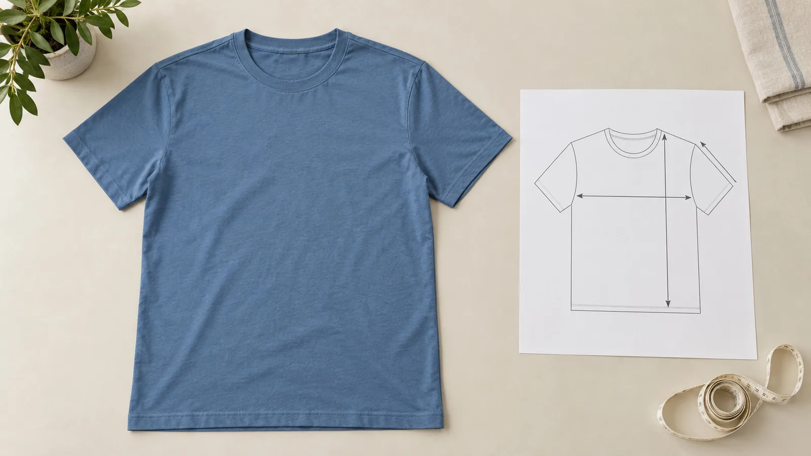 Plain T-shirt na nakalagay sa tabi ng sketch ng pagsukat ng damit