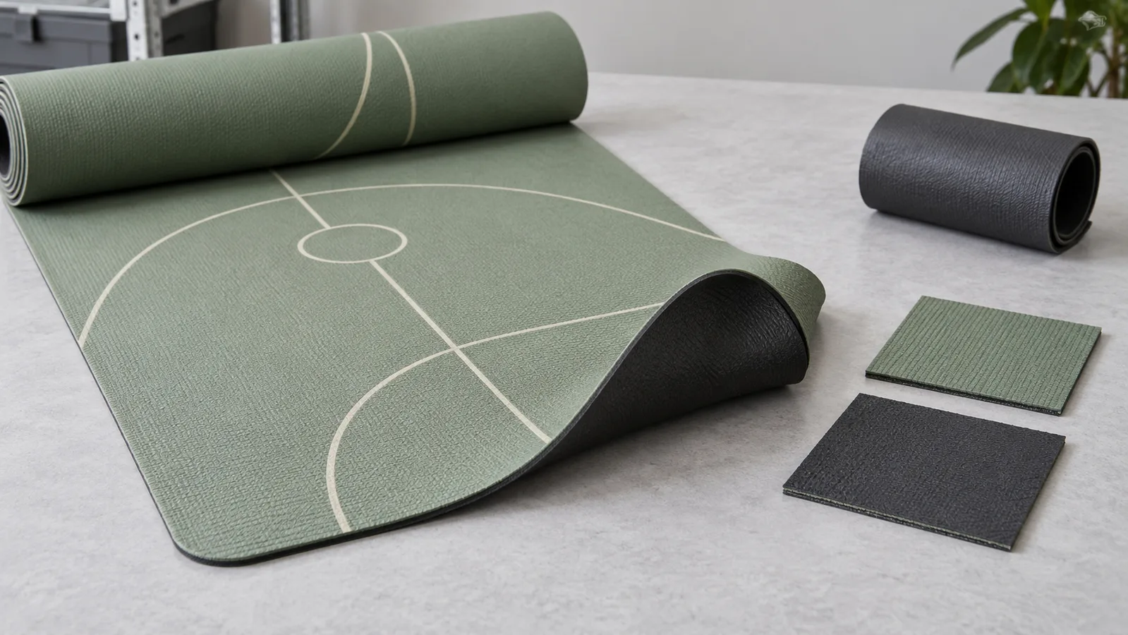 Ang naka-print na yoga mat at magkahiwalay na base-materyal na sample ay inayos upang ilarawan ang isang ruta ng pagmamanupaktura