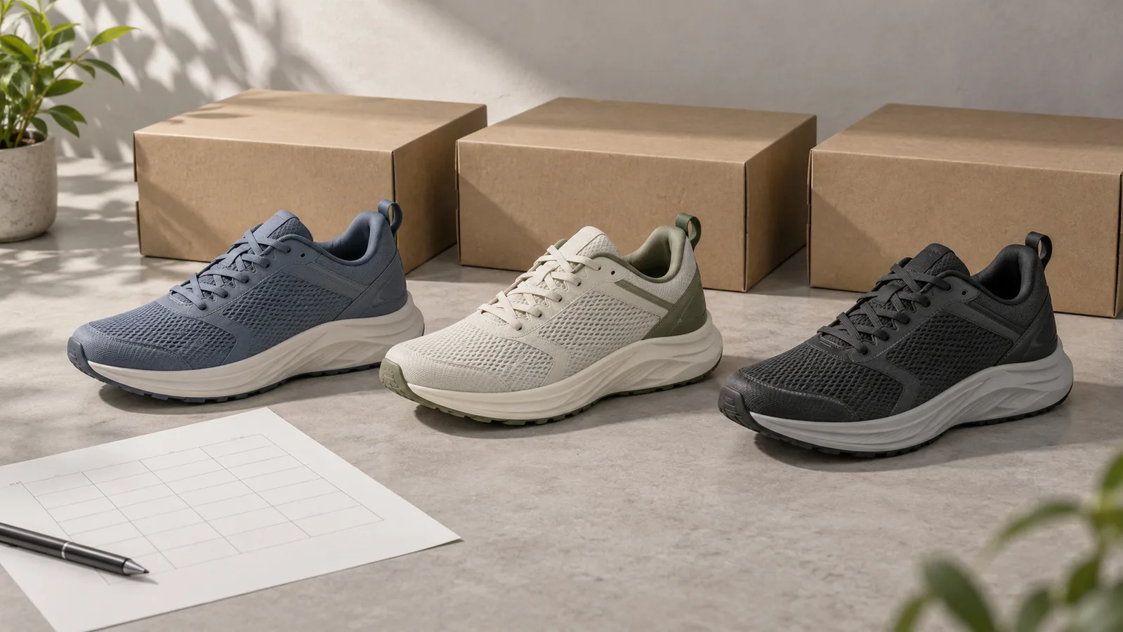 Mga sample ng kulay ng running shoe na walang tatak sa tabi ng mga plain na kahon ng sapatos