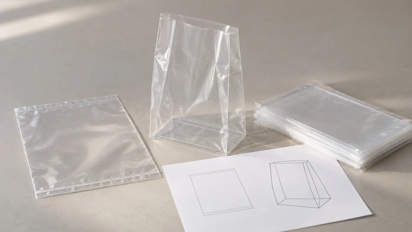 Maaliwalas na flat at side-gusseted na mga sample ng plastic bag sa tabi ng isang simpleng pagguhit ng hugis