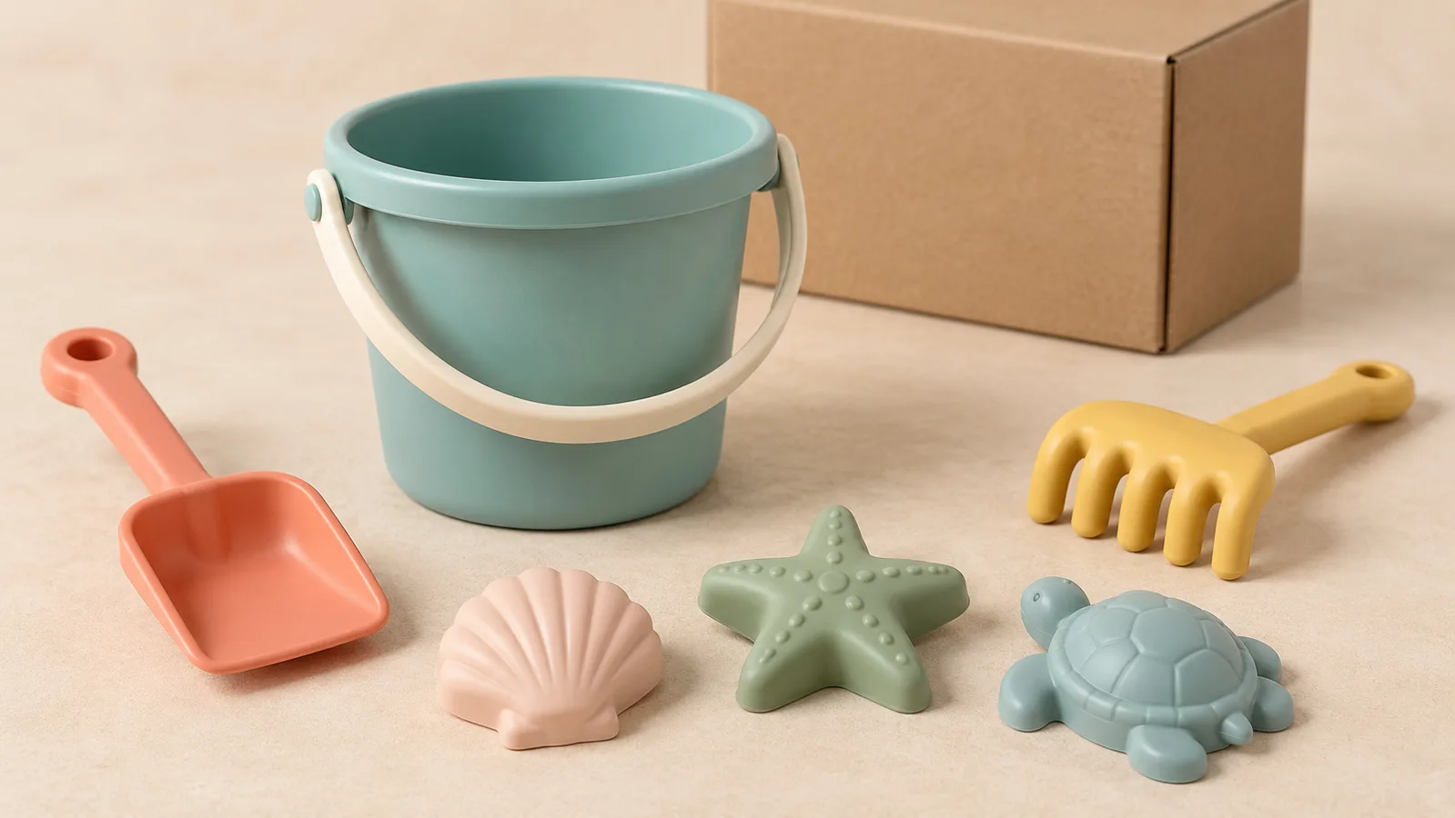 Generic na pastel beach toy bucket na may pala, rake at tatlong sand molds sa malinis na studio surface