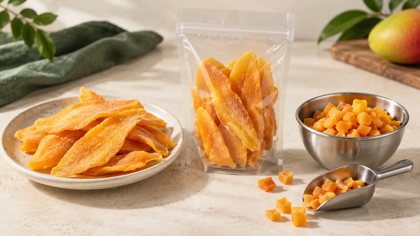 Pinatuyong hiwa ng mangga at diced na mangga kumpara sa dalawang detalye ng produkto