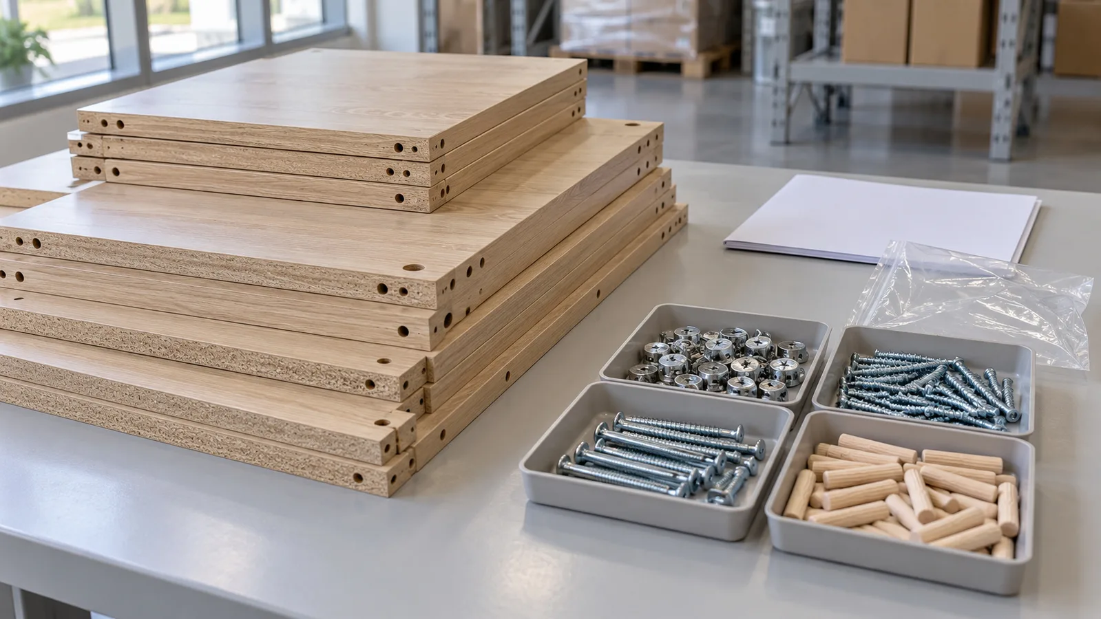 Mga flat-pack na cabinet panel na may pinagsunod-sunod na hardware at isang plain instruction folder sa isang inspection table