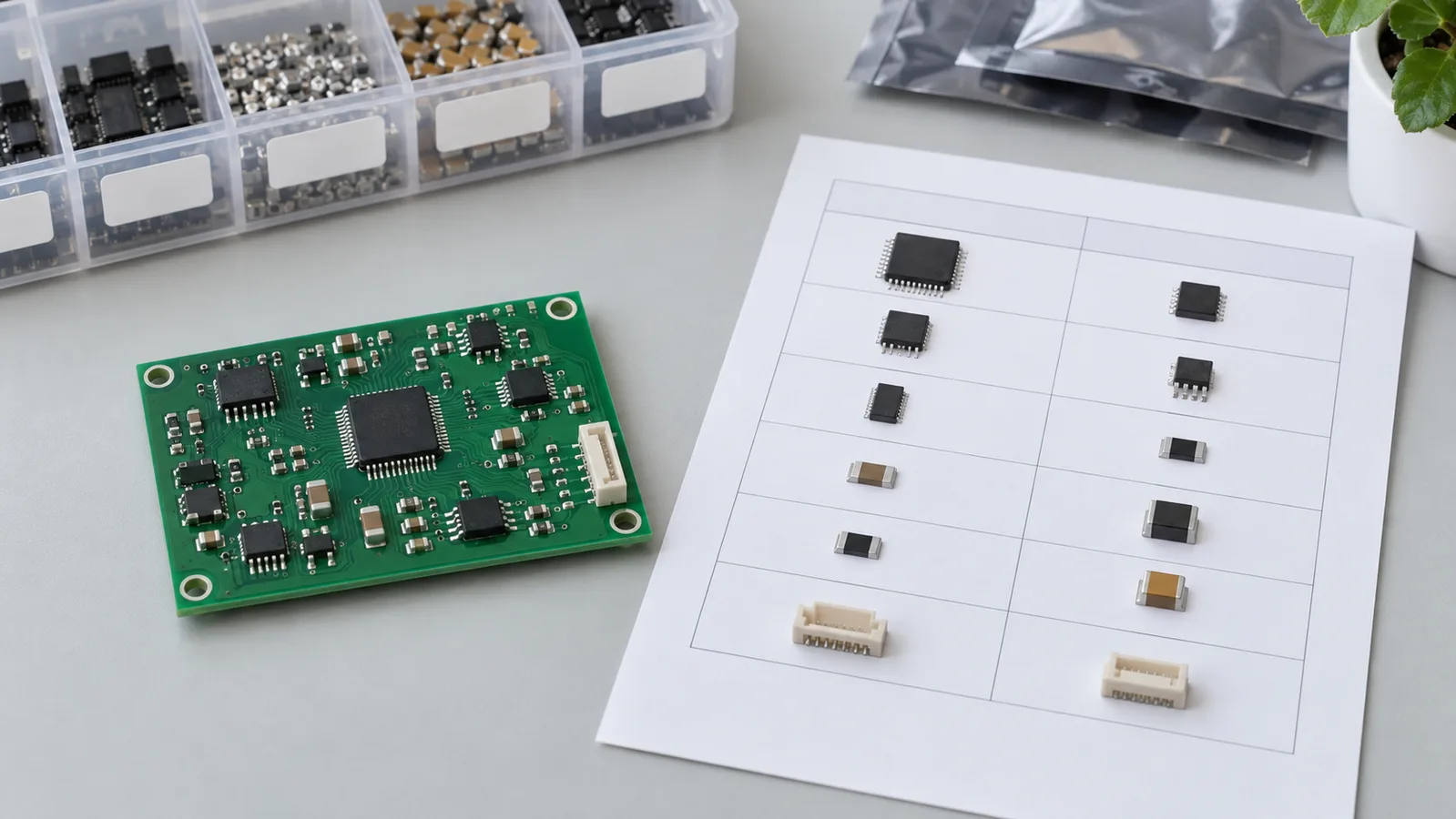Generic na unpowered assembled circuit board sa tabi ng blangko na bahagi ng paghahambing sheet
