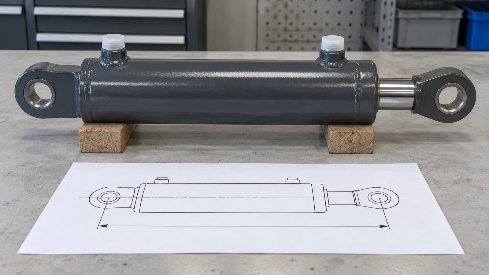 Na-uninstall na hydraulic cylinder na may mga protektadong port sa tabi ng schematic mounting drawing