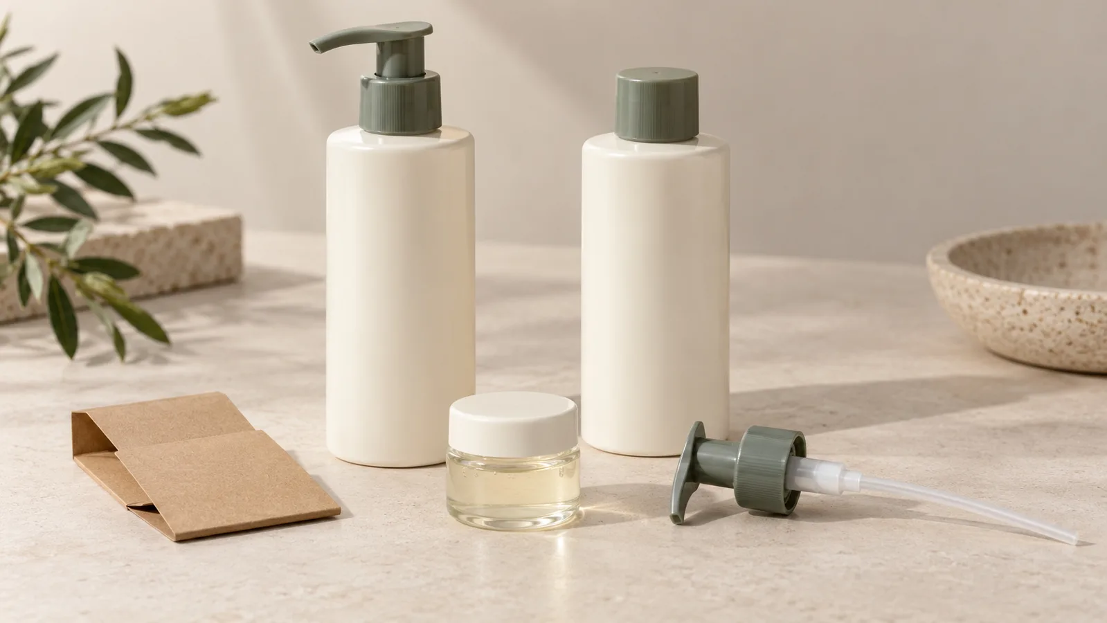 Mga sample ng bote ng shampoo at pump packaging na walang tatak sa tabi ng isang nakatakip na lalagyan ng formula-sample
