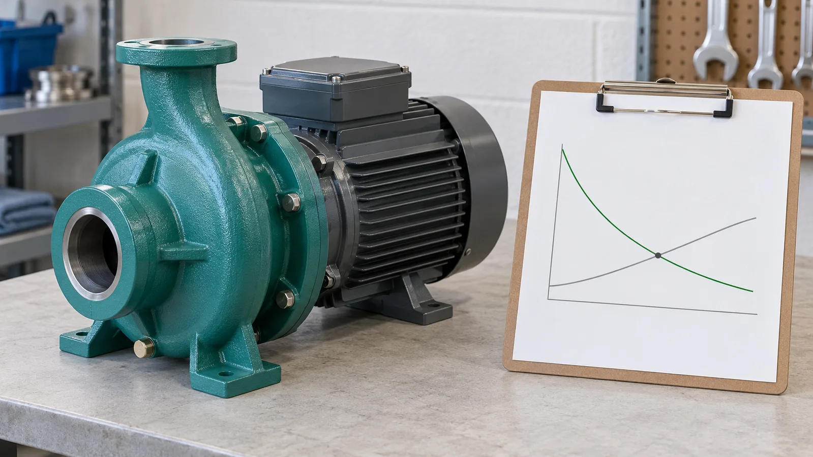 Walang tatak na centrifugal water pump sa tabi ng schematic flow–head graph para sa paglalarawan
