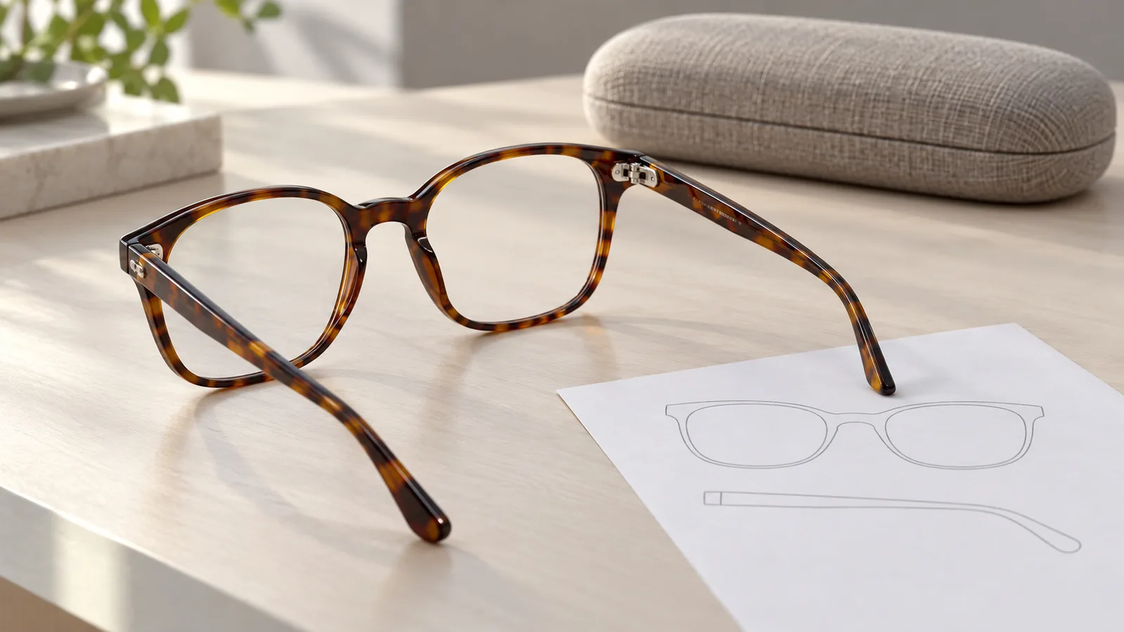 Walang tatak na tortoiseshell optical frame sa tabi ng isang simpleng front at side outline sa isang eyewear worktable