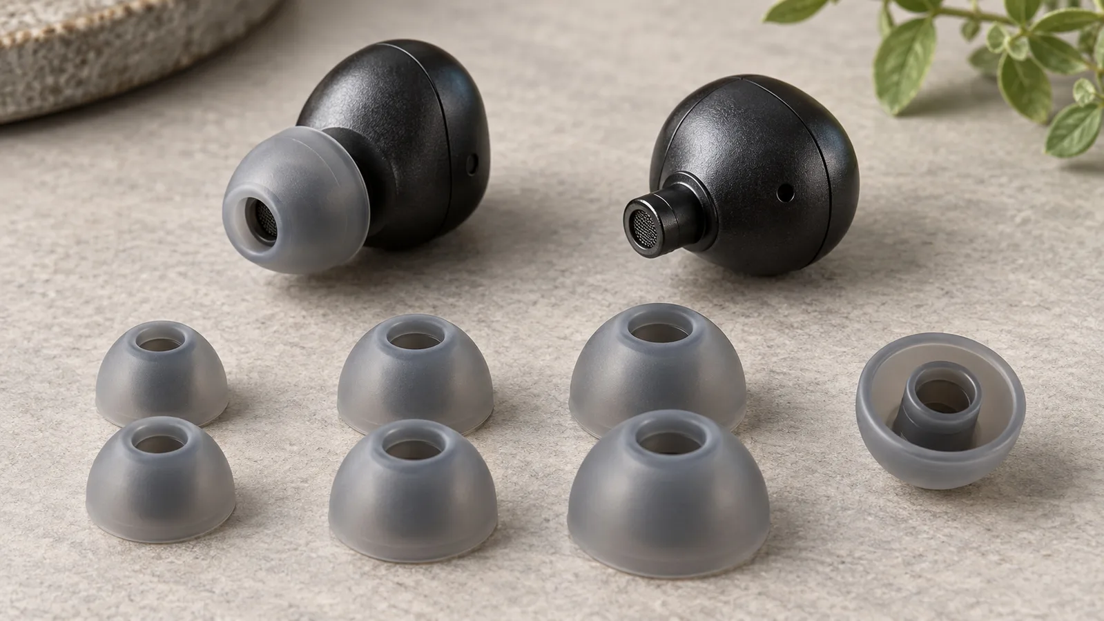 Mga Bluetooth earbud at magkahiwalay na silicone ear tip na nagpapakita ng kanilang mga palda at attachment collar