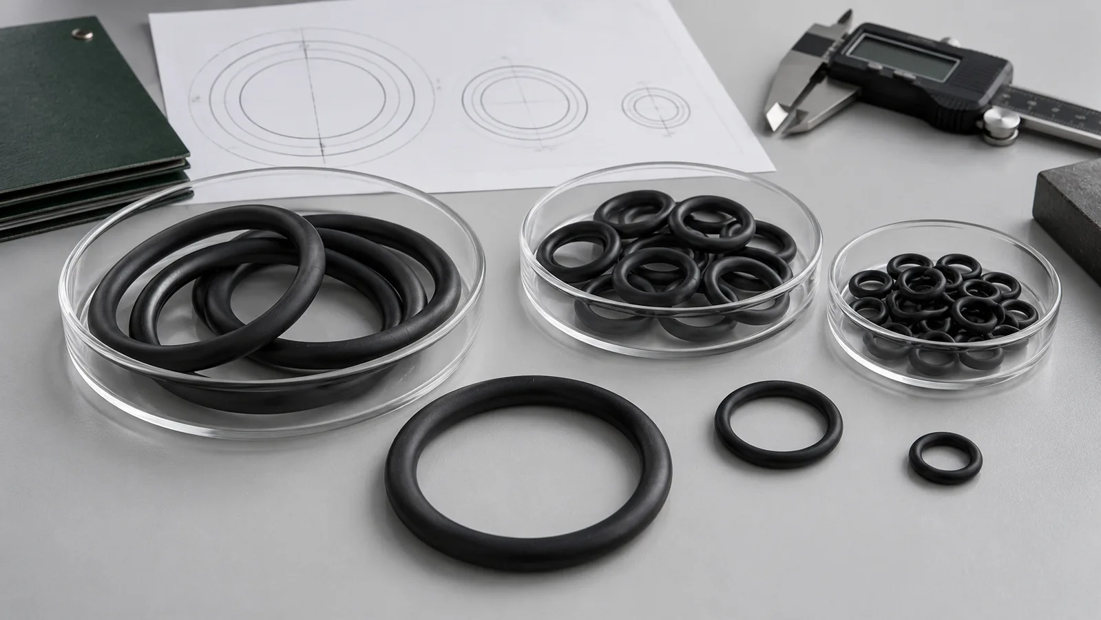 Mga rubber sealing ring sa tabi ng isang drawing, sample ng materyal at malinaw na pinaghihiwalay na mga lalagyan ng lote