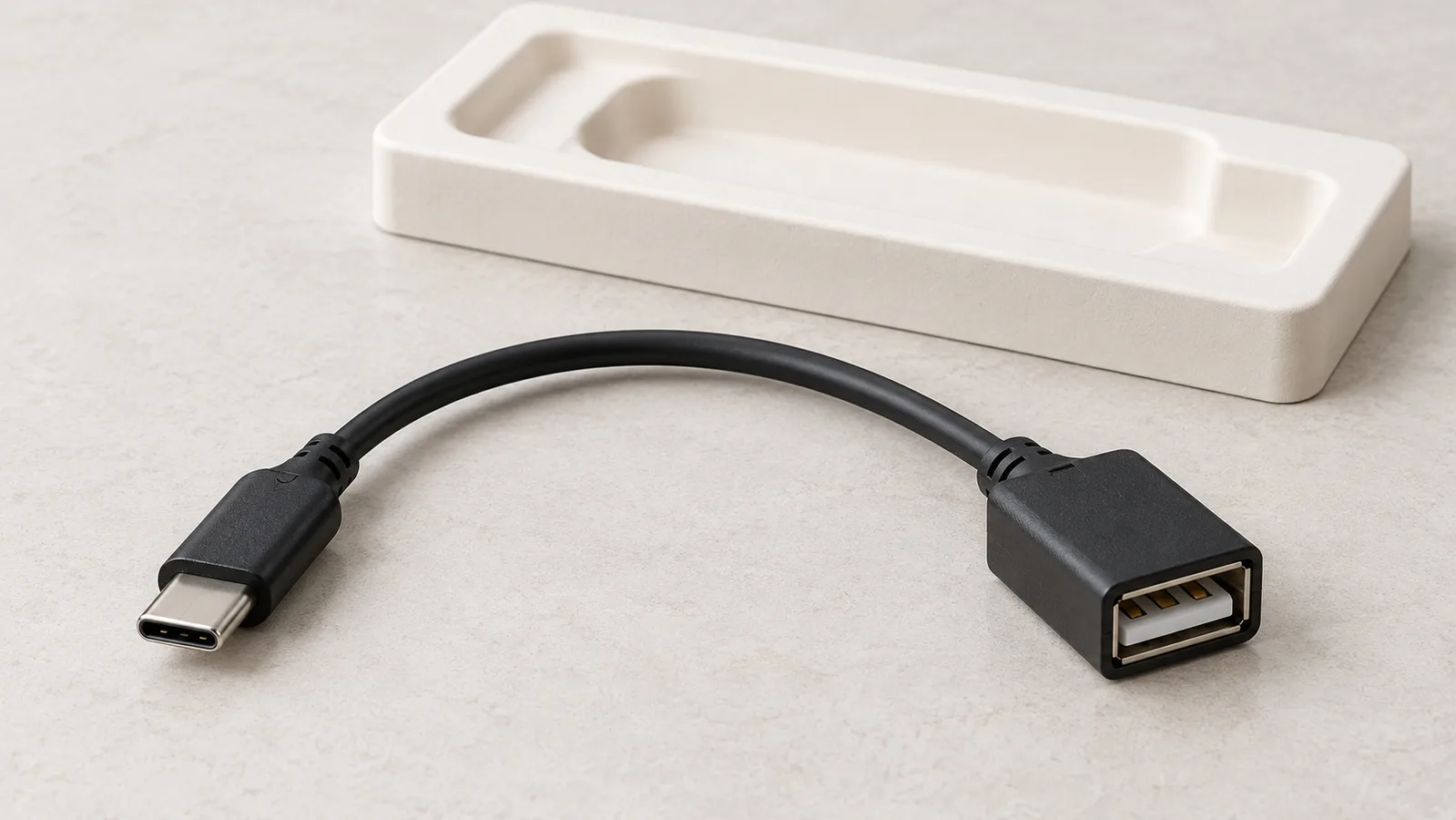 Isang generic na USB adapter cable na may magkabilang dulo ng connector na makikita sa isang neutral na ibabaw ng inspeksyon