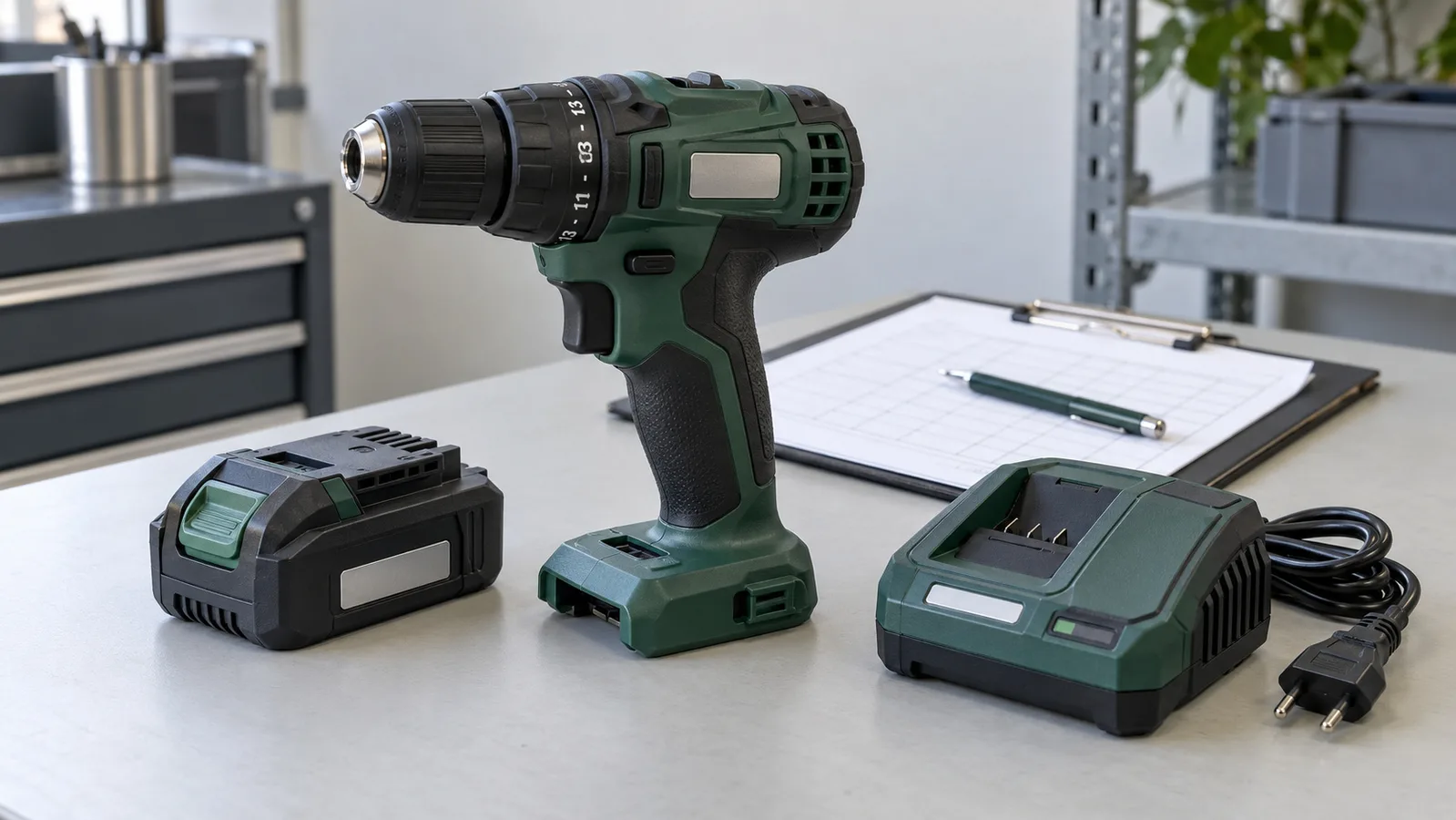 Cordless hand drill, hiwalay na baterya at unplugged charger sa tabi ng mga talaan ng inspeksyon