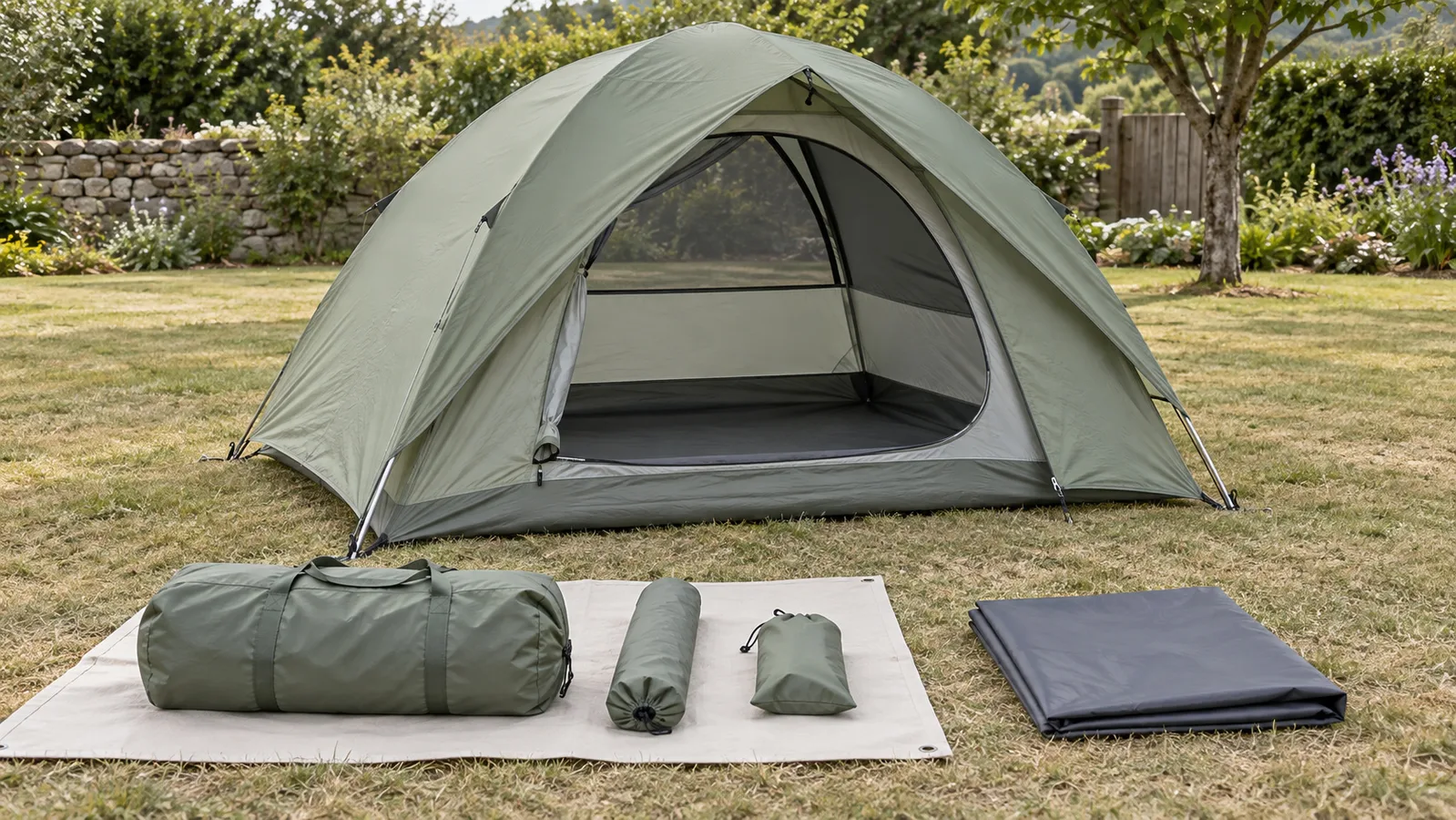 Sage-green dome tent at ang maayos nitong pagkakaayos na may dalang bag at mga accessories