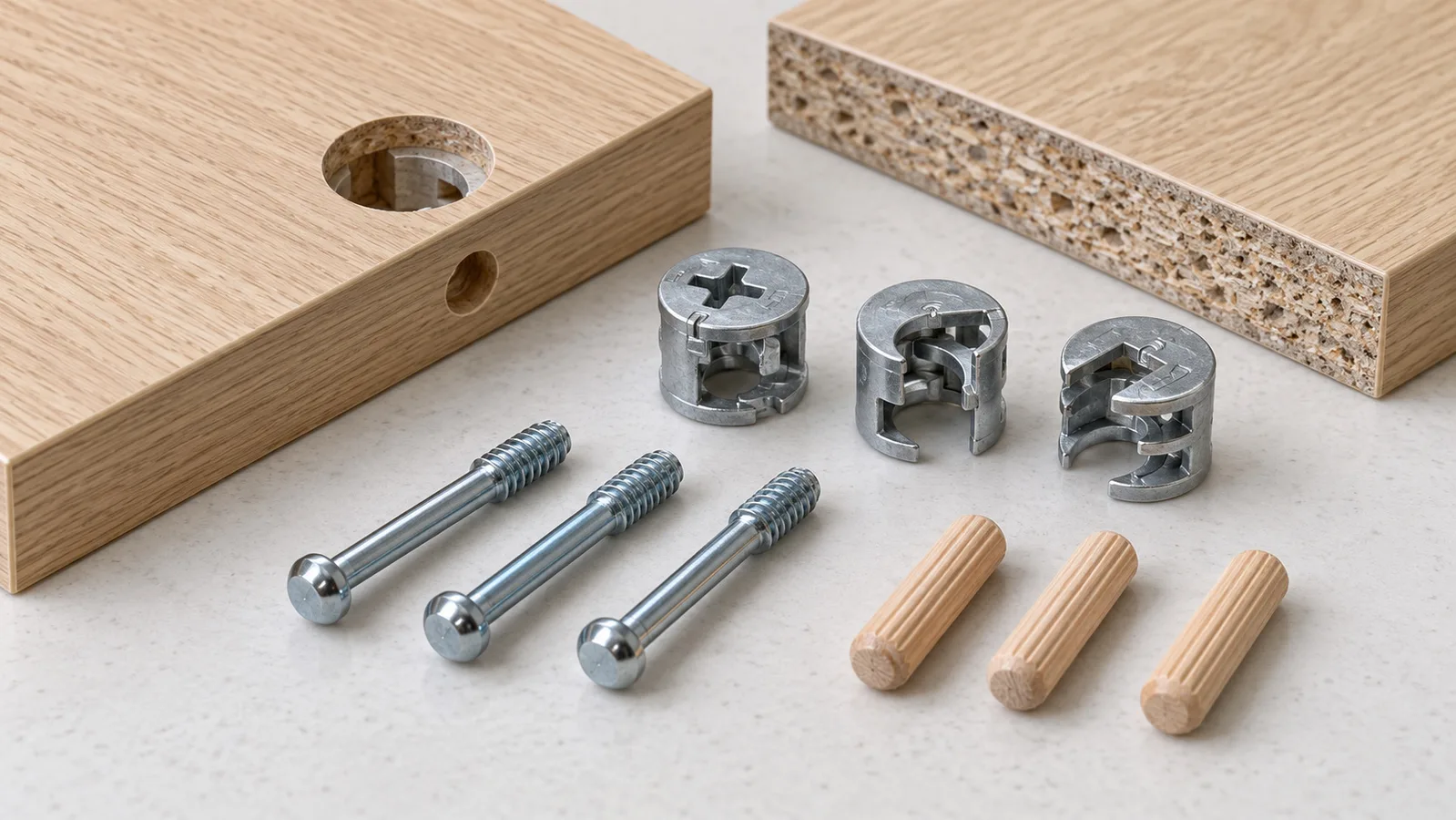 Flat-pack furniture panel joint na may cam connector, mating bolt at magkahiwalay na wooden locating dowel