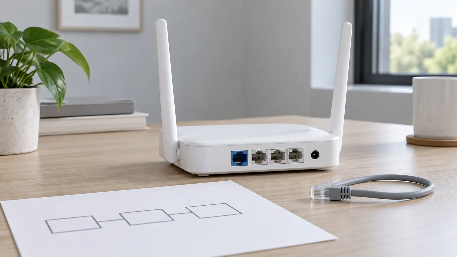 Walang brand na puting desktop Wi-Fi router na may nakikitang mga Ethernet port sa likuran sa tabi ng isang simpleng network sketch