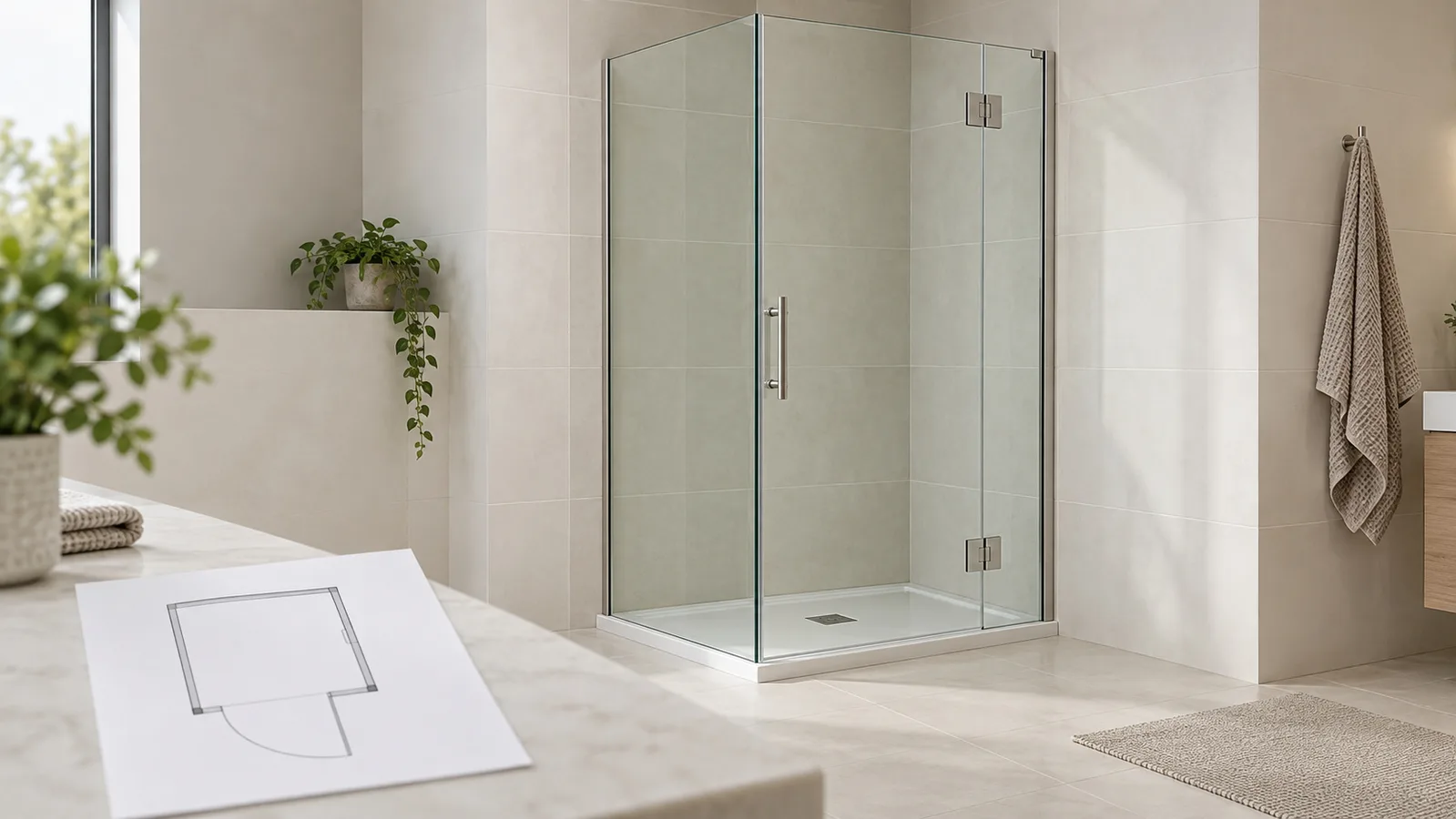Generic na shower enclosure na may malinaw na mga panel at understated na metal hardware sa tabi ng isang simpleng pagguhit ng plano