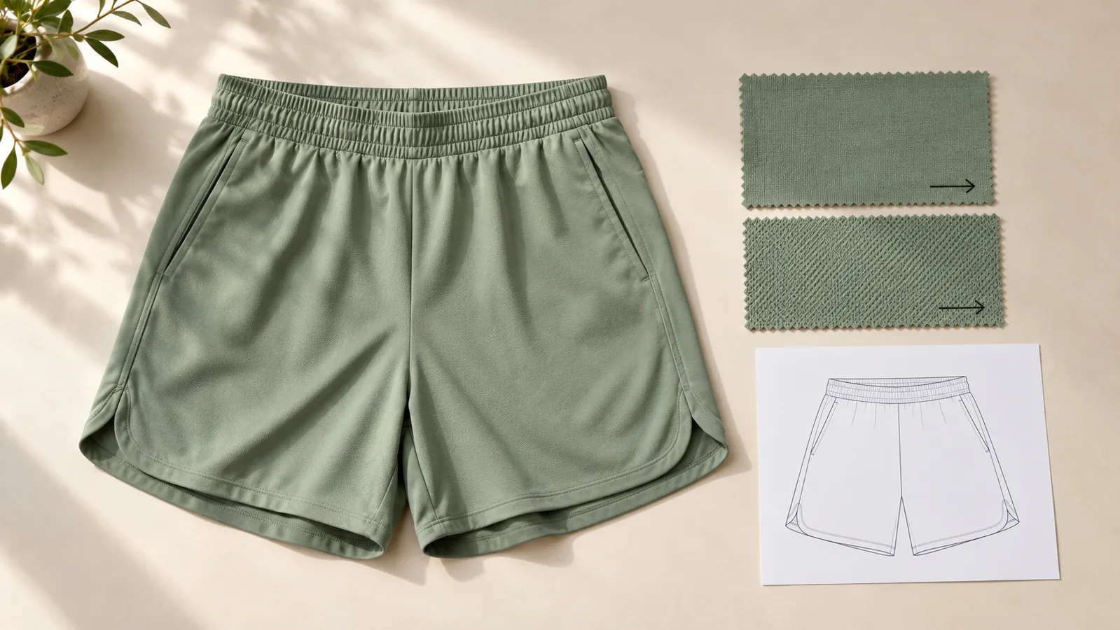 Sample ng Activewear shorts sa tabi ng marked-direction fabric swatch at isang panel sketch