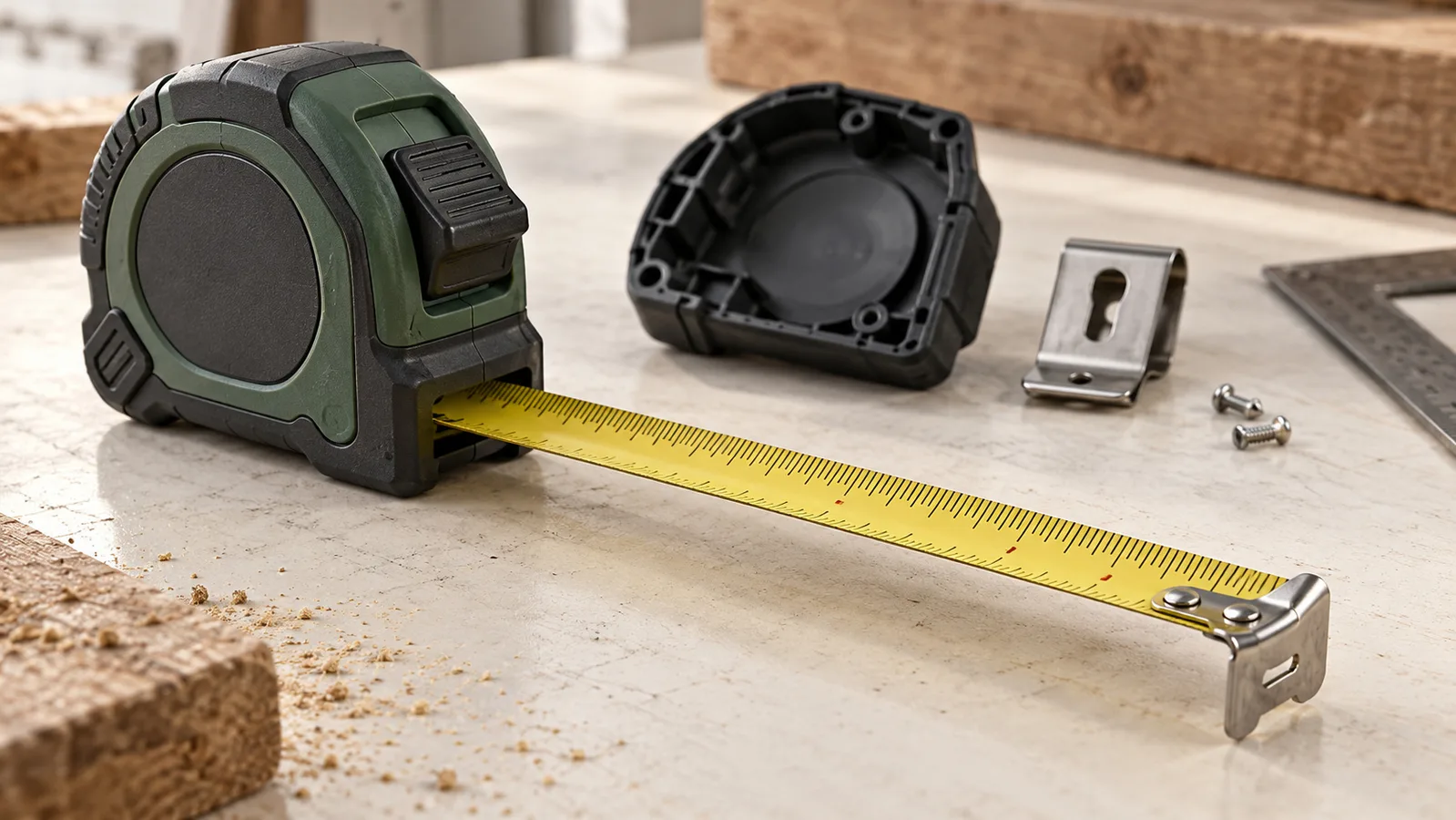 Steel tape measure na may close-up na floating end hook, curved blade at mga bahagi ng case