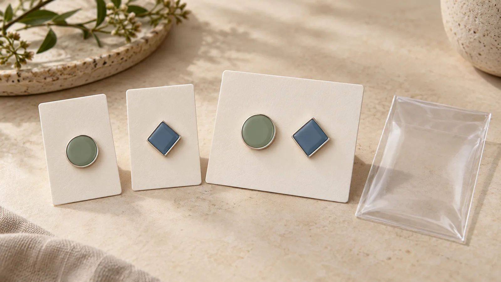 Ang mga geometric na enamel na badge ay naka-mount sa mga plain display card sa tabi ng isang set na may dalawang badge