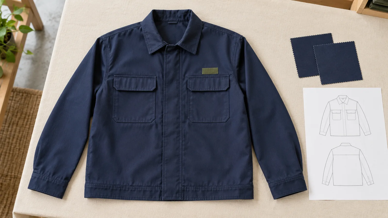 Sample ng ordinaryong workwear jacket na may nakikitang mga detalye ng bulsa sa tabi ng textile swatch