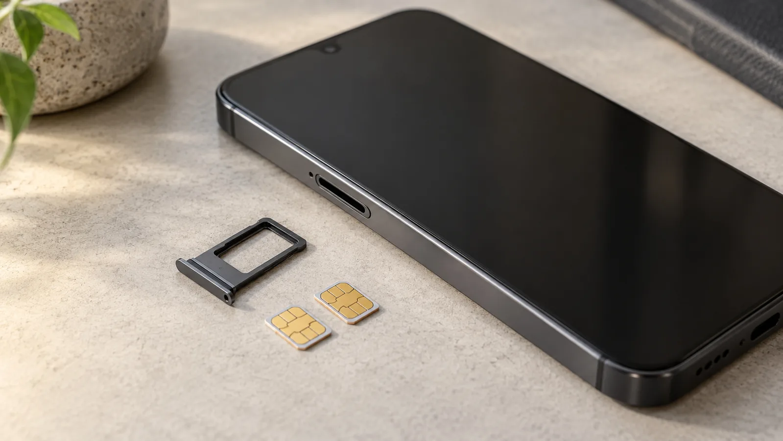 Walang brand na smartphone sa tabi ng hiwalay na SIM tray at dalawang SIM card, na naglalarawan ng suporta sa pisikal na card
