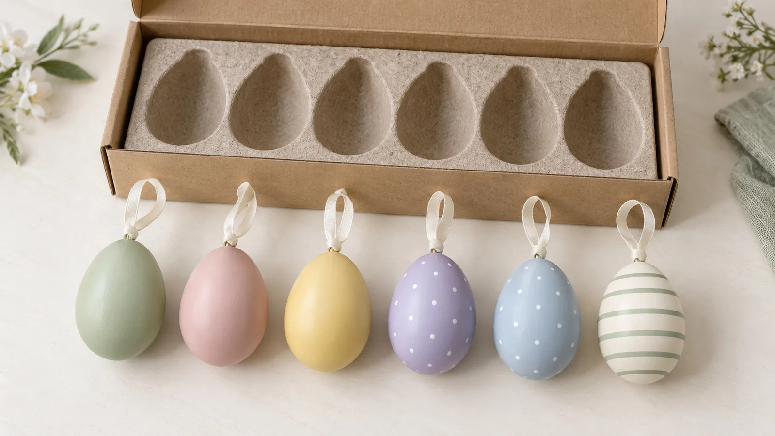 Pastel Easter egg nakasabit na mga palamuting nakaayos sa tabi ng kanilang compartmented retail packing tray