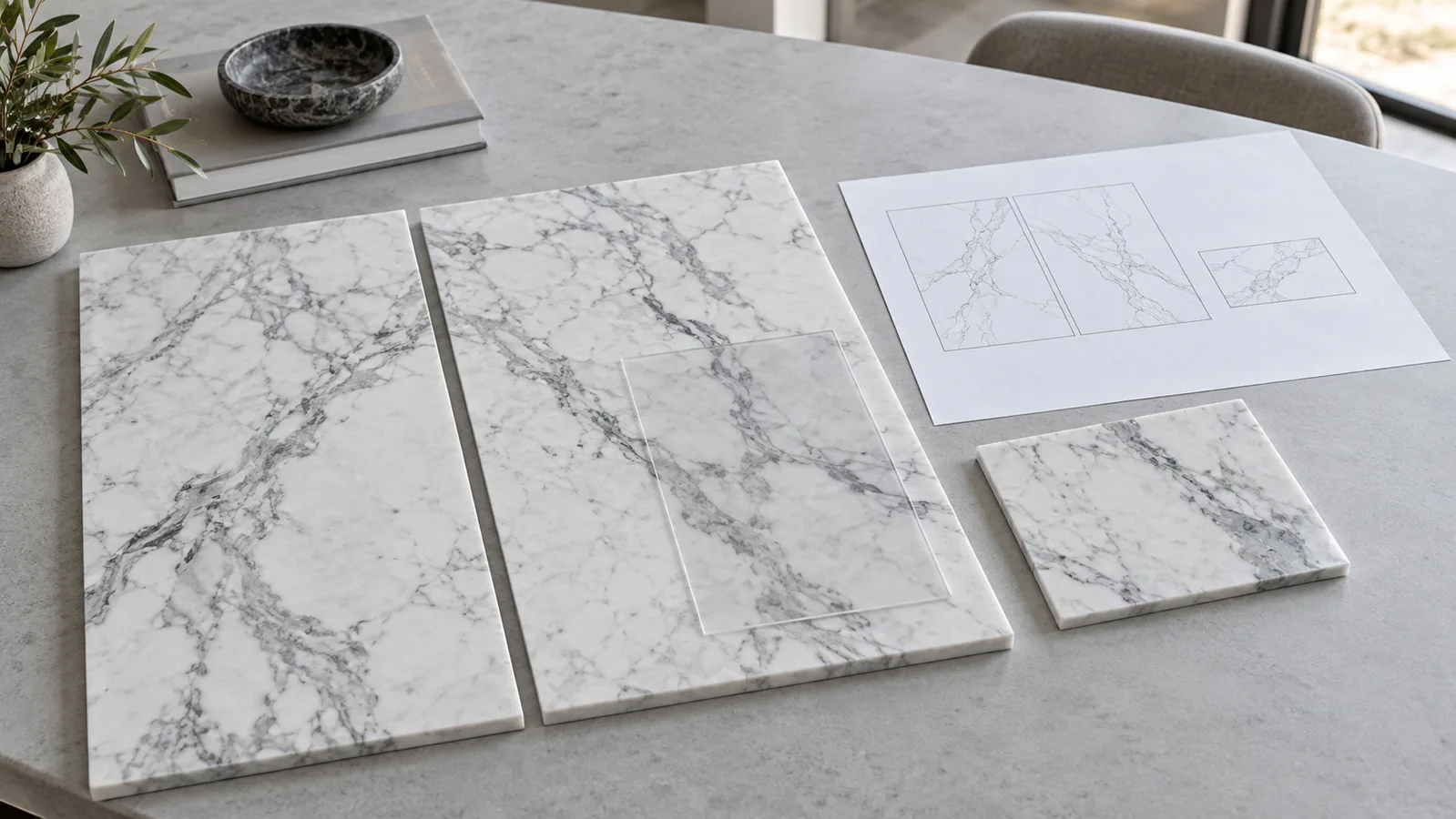 Mga sample ng marmol at isang schematic piece-layout sheet na naglalarawan ng visual na pagpili ng slab