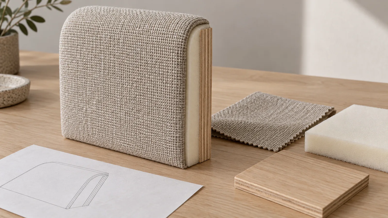 Upholstered headboard section sample sa tabi ng magkahiwalay na tela, foam at substrate na piraso