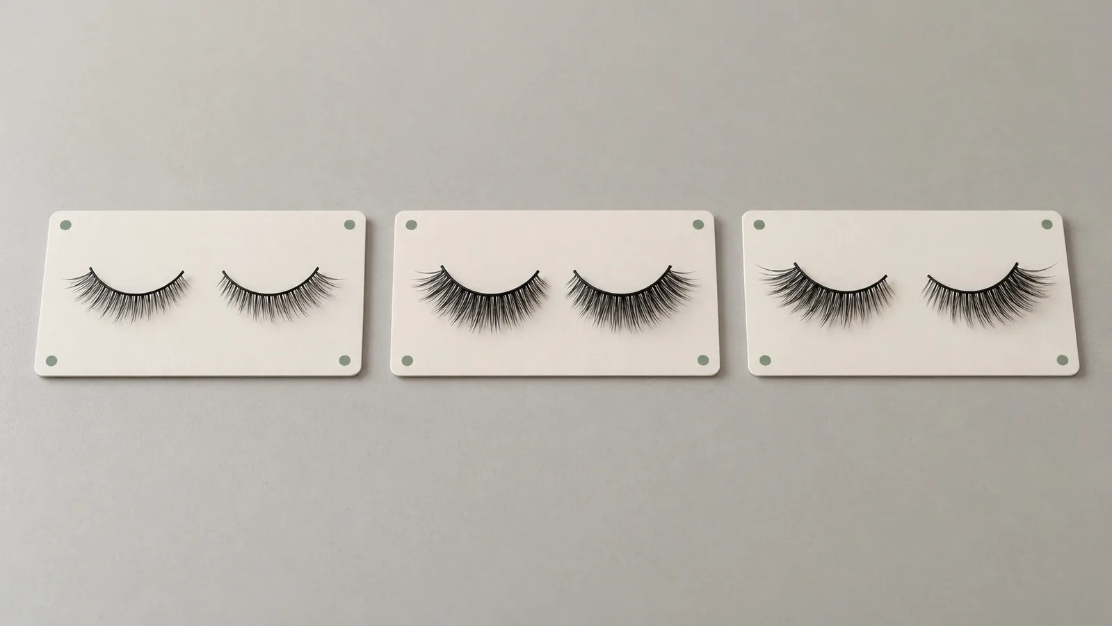 Tatlong may label na sample ng strip false eyelashes na nakaayos para sa magkatabi na paghahambing ng hugis