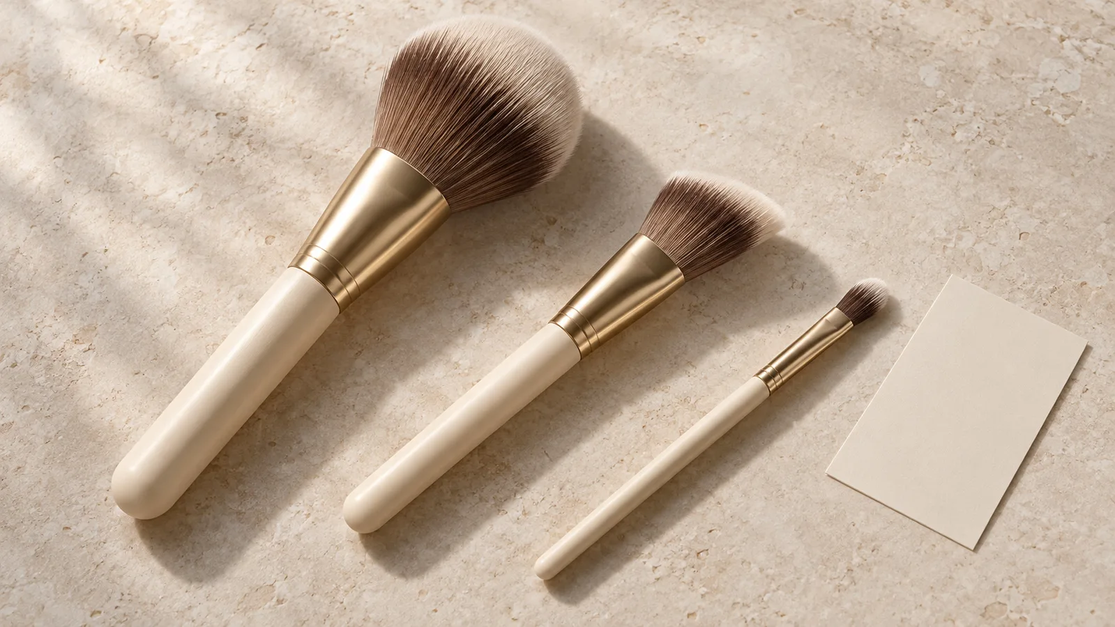 Tatlong walang tatak na makeup brush na may cream handle at gold-colored ferrule sa isang maputlang studio surface